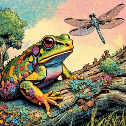 Create a digital pop art poster in the style of James Jean depicting a whimsical multicolored Toad sitting on a heavily textured fallen tree with rough bark and lichens and looking up at a dragon fly. Use a variety of pastel colors.