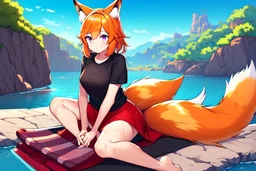 Girl, fox ears, one big fox tail, orange hair, red skirt, river, fox foot , sit on the shore, purple fox eyes, black T-shirt, wet, happy