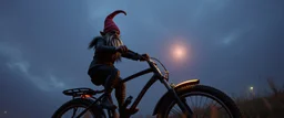 style John Atkinson Grimshaw,3d airbrush render, cut out darkling slender gnome on huge bike with bright aura , pinhole cam, airbrush 3d rendering, torn edges on border