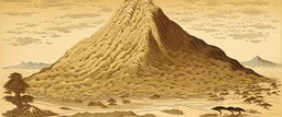 A brown mountain covered in sand designed in ancient Egyptian architectures and sculptures painted by Katsushika Hokusai