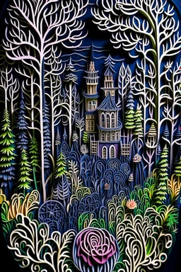 dark forest , darkness castle ,fog, multi-dimensional paper cut craft, mixed media illustration, running through the woods, Sharp, paper quilling, polymer clay, sharpie, Hypermaximalist, busy, Ornate, Layered, HDR, ultra 8k