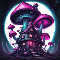 space island mushroom house. black, magenta, and cyan colored. Detailed oil Painting, muted color, fantastical, intricate detail, splash screen, hyperdetailed, insane depth, concept art, 8k resolution, trending on artstation