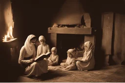 A close-up scene of an Arab mother reading the story from a book with her children around her in the room of the old wooden house near the fireplace 100 years ago.