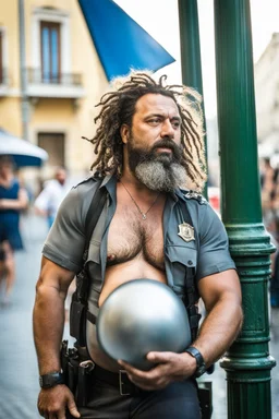 half figure shot photography strong chubby burly 39 years old neapolitan policeman, curly beard, dreadlocks, shirtless, manly chest, bulging trousers, in the sun, leaning against a lamppost in the middle of a crowded street, side light, sweat and wet