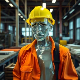 an very sad transparent glas man with working clothes, in a factory, nobody cares about the empty glas man, that is why he is so sad :( , he had worked 30 years in the factory and never had a salary increase, tears in his eyes, the working man is transparent, everyone see through him