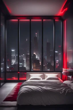penthouse, bedroom, luxury, richly, fancy, modern, minimalism, red leds, big bed, big window overlooking the fancy city at the night, night, black, white, mafia vibe, future