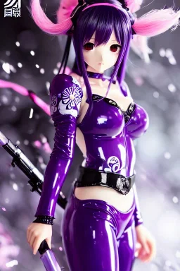 Detailed cute anime Kunoichi girl, purple hair buns, purple bangs, black latex bodysuit, intricate details, full body portrait, keep head in frame, slight smile, black Japanese motif, concept art, highly detailed, digital painting, concept art, sharp focus, illustration, art by Yoji Shinkawa, WLOP and greg rutkowski and alphonse mucha and artgerm and yanjun Chen and Junji ito and Makoto Shinkai, HDR, octane render