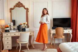 very beautiful lady with beautiful orange midi skirt and blouse standing in a luxury bedroom with high heels next to makeup desk looking to camera