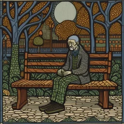 a painting of a man sitting on a bench by Steve Brodner, pixiv, naive art, tarot card, whimsical, woodcut