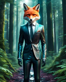 Arte lineal de Fox humanoide futurista, traje de corbata, arte conceptual, calidad ultra, hiperdetallado, maximalista, 12k, full body fondo bosque