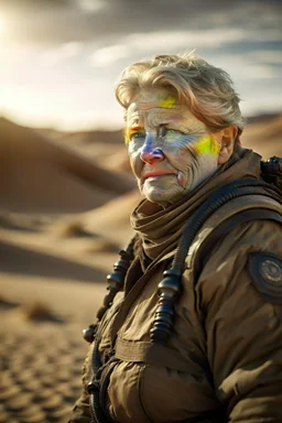 norwegian erna solberg in a desert scene from dune, shot on Hasselblad h6d-400c, zeiss prime lens, bokeh like f/0.8, tilt-shift lens 8k, high detail, smooth render, down-light, unreal engine, prize winning