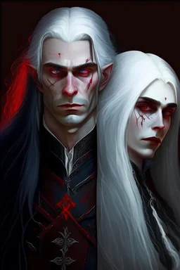 A couple, from the dnd game curse of Strahd. The woman has long white hair and blue eyes, the man has LONG BLACK hair and red eyes, no facial hair.