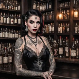 The Dark Lord's Granddaughter: in a bar during prohibition with her bloody fangs, covered by tattoos and lace swimsuit with her signature sultry appearance, shops for blood in a dark, ominous curiosity shop filled with bottles of alcohol