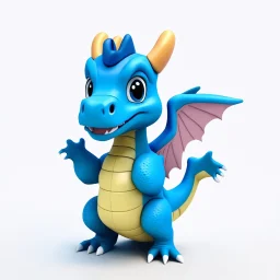 3D cartoonish cute blue dragon character big head full body, small wings, pastel colors, plain white background