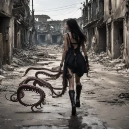 a woman with dark hair and octopus legs, walking along a derelict street