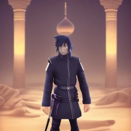 sasuke uchiha, ninja, arab, face portrait, mosque background, landscape, 8k resolution