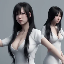 hitomi tanaka, dress white, long black hair, realistic, intriacte detail, sci-fi fantasy style, volumetric lighting, particales,highly detailed,cinamatic, deep colours,8k