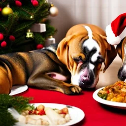 Dogs eating Christmas dinner