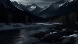 Search for an image of a river with mountains, 32k,dark winter