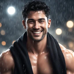 Hyper realistic extremely handsome muscular short black hair man smiling & wearing a black towel at rainy night