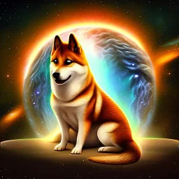 third eye ascension shiba inu doge with heaven glowing aura Q anon galaxy