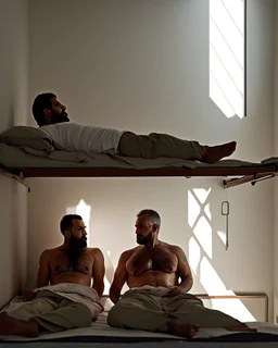 full figure shot photography of two arab prisoners in cell sitting on the edge of a bed talking, muscular hairy chubby 45 years old,long beard, low lights, misery and poverty, in undershirt and boxers, little light enters from a skylight above, lights from above, photorealistic, ambient occlusion, front view from below