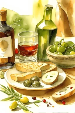 watercolor of food as temporary art, with olives, olive oil, bread, 2 wineglasses and cheese