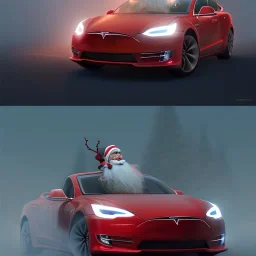 Santa claus driving his red Tesla convertible car, character design by cory loftis, fenghua zhong, ryohei hase, ismail inceoglu and ruan jia. unreal engine 5, artistic lighting, highly detailed, photorealistic, fantasy