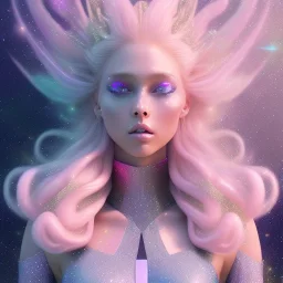 one big crystal glitter pink blue subtle galactic fairy in a galactic ambiance,glitter long blond hair down to the ground,transparent petals,blue eyes,delicate colors in the foreground, full of details, smooth，soft pink violet light atmosphere, light effect，vaporwave colorful, concept art, smooth, extremely sharp detail, finely tuned detail, ultra high definition, 8 k, unreal engine 5, ultra sharp focus