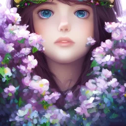  full Closeup face portrait of a girl wearing crown of flowers, smooth soft skin, big dreamy eyes, beautiful intricate colored hair, symmetrical, anime wide eyes, soft lighting, detailed face, by makoto shinkai, stanley artgerm lau, wlop, rossdraws, concept art, digital painting, looking into camera