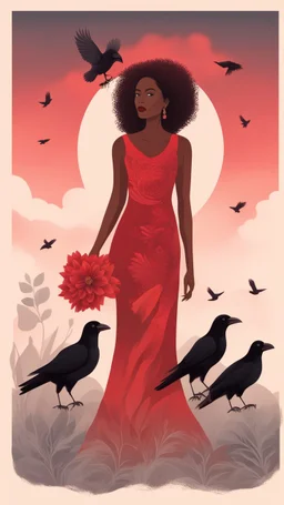 Beautiful a brown skin lady wearing a Red dress holding a red flowers in a red sky and background and red cloud a crow in red colours
