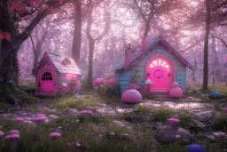 a cute pink and blue fairy house in the forest, spring time, mushrooms, 8k, flickering light, centered, high-quality, fine-detail, digital art, detailed matte, volumetric lighting, illustration, 3D octane render