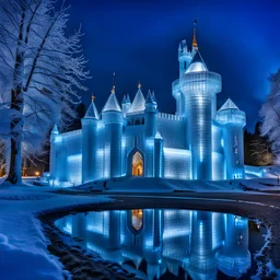 a castle entirely made from transparent ice with an ice sculpted lynx displayed at the entrance, everything from transparent glassy ice :: Professional photography, natural lighting, canon lens, shot on dslr 64 megapixels sharp focus, depth of field, hdr, white and blue theme