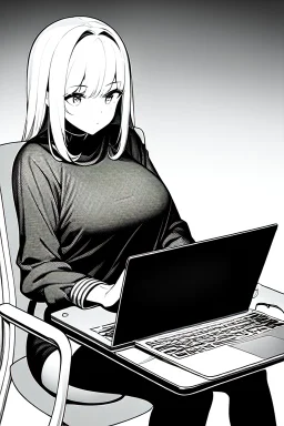 hacker girl use a laptop sitting in a cafe, line arts, greyscale