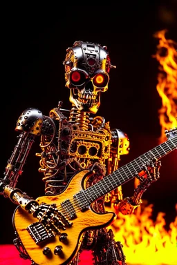 Firestarter robot terminator hardrock with a guitar. Seems angry against humans. Flames all around