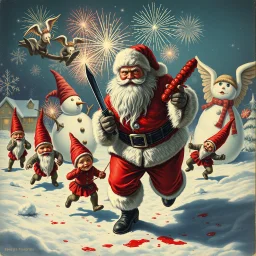 there is no kebabs at christmas, evil Santa, evil gnomes running around, staring flaming eyes, evil Rudolf, very big evil angry Frosty the snowman in background, kebabs and kebab, 1940 christmas postcard, blood stains, Flying angel Cherubs, Santa holding a knife, fireworks