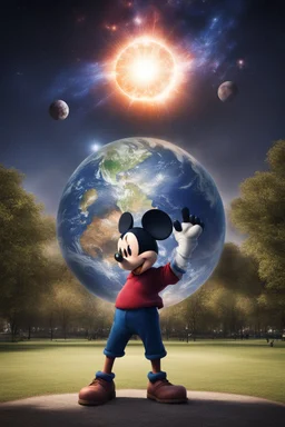 Mickey Mouse with a Supernova above the hand of an Earth person in a developed public park