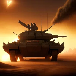 volumetric dramatic desert Battle scene with futuristic hovering military armored Hovercraft tank painted by chris foss, floating, 4k, 8k, Minutiae, highly detailed, rivets, flag, hovering, stripes, sunset [duststorm, nimbus clouds]