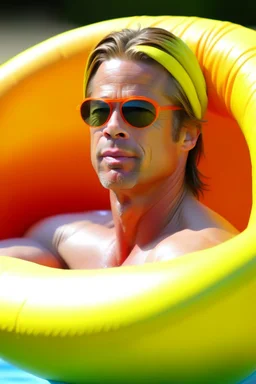 brad pitt sitting in donut swim ring with goggles on