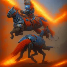 angry horse in orange and blue battle armor, a highly detailed illustration, background of Inka jungle, realistic render, 8 k, micro detail, intricate, elegant, centered, digital painting, Artstation, smooth, sharp focus, illustration, artgerm, tomasz alen kopera, peter mohrbacher, donato giancola, joseph christian leyendecker, wlop, boris vallejo