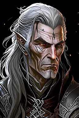 ancient grizzled, gnarled elf mage, he has long, grey hair streaked with black, highly detailed facial features, and sharp cheekbones. His eyes are black. He wears weathered medieval leather clothes. he is lean and tall, with pale skin, full body with thigh high leather boots and has a dark malevolent aura in the comic book style of Bill Sienkiewicz and Jean Giraud Moebius in ink wash and watercolor