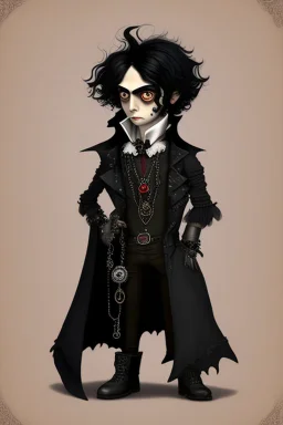 black haired black eyed young man necromancer steampunk Gnome that looks like a young Edgar Allan Poe with gothic jewelry in the style of Charles Addams