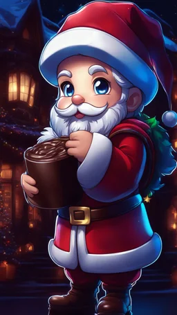 Chibi santa-claus hug big Chocolate in 8k sticker, style of fairy academia, neon lights, intricate details, highly detailed, high details, detailed portrait, masterpiece,ultra detailed, ultra quality