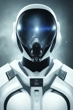 Black intergalactic pilot suit Quorra, portrait, bright white eyes, wearing high tech pilot face mask, beautiful face, white smoke, dark, rage, sorrow, high definition, ultra 8 k, volumetric lighting, blue fire, fog