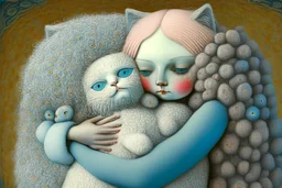 a cute foam girl hugging a foam ragdoll-cat , fine detailed, face drawing, dim background sharp focus elegant fantasy intricate very attractive beautiful ultra detailed colourful anatomically correct (A} Hieronymus Bosch, Henri Rousseau, Nicoletta Ceccoli, (A1) Anna Dittman, Remedios Varo, Sherry Akrami (A2) Serge Marshennikov, Zdzislav Beksinski