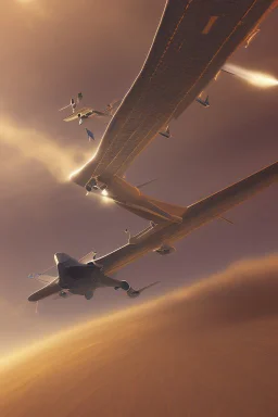 make a plane flying over a city throwing some sahara dust