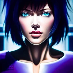 Ultra detailed fullbody Portrait in oil on canvas of beautiful Ghost in the shell,extremely detailed digital painting, extremely detailed face, crystal clear eyes, mystical colors ,perfectly centered image, perfect composition, rim light, beautiful lighting,masterpiece ,16k, stunning scene, raytracing, anatomically correct, in the style of Simon Bisley and uncannyknack and caravaggio and Seung Eun Kim and Steve Jung Jeehyung Lee.