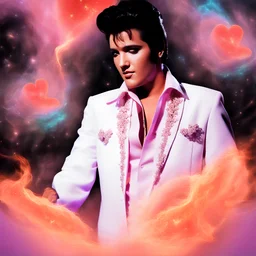 3D hearts and Stars and Bubbles, heart-shaped, electrifying, close-up, Head and shoulders portrait of Elvis in 3D, double exposure shadow of the ghost, Invisible, poignant, extremely colorful, Dimensional rifts, multicolored lightning, outer space, planets, stars, galaxies, fire, explosions, smoke, volcanic lava, Bubbles, craggy mountain peaks the flash in the background, 32k UHD, 1080p, 1200ppi, 2000dpi, digital photograph, heterosexual love, speedforce