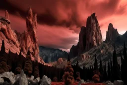 mountains, a gloomy rocky landscape, cypresses stretching up in the foreground, rocks and a bloody sky in the background