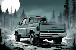 pickup truck, rear, forest, standing, silhouette, comic book,post-apocalypse, gray background, night time,
